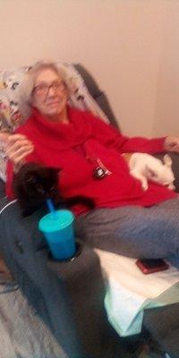 This was my mom with her dog Lily and my bratty kitty,  Taz the Spaz, early January.