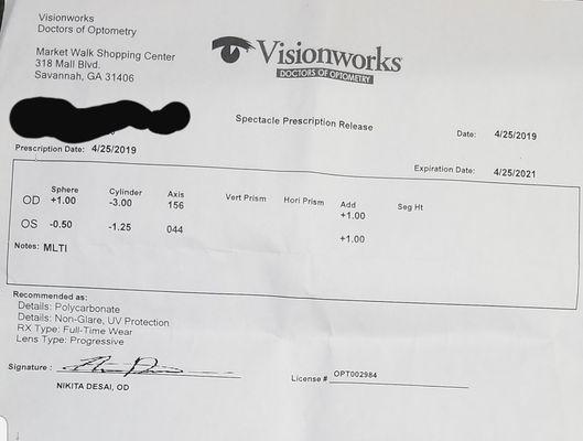 This is the bad "wrong" prescription I got from visionworks!!!