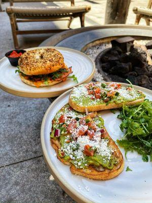 Avocado toast and breakfast bagel sandwich