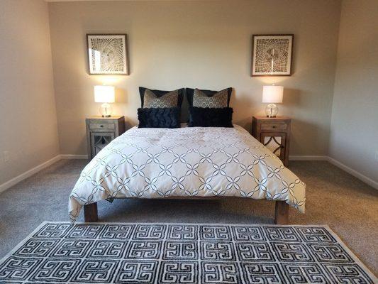 Modern, Casual Sleek profile Master bedroom. Staged by Amethyst Interiors.