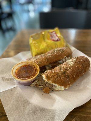 12" Meatball parmigiana Sub comes with marinara dipping sauce and chips