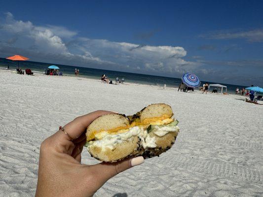 Everything bagel egg sandwich added scallion cream cheese and cucumber- double toasted