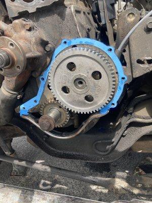 After: New steel cam sprocket on '86 300 I6 engine.