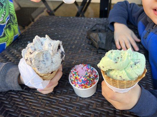 Cookies and cream, Strawberry with sprinkles, Mint chocolate chip