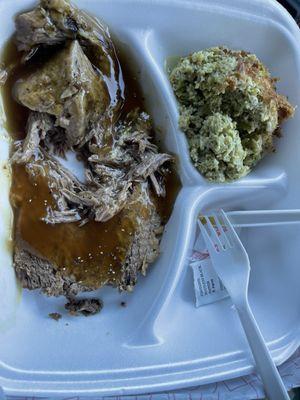 Roast beef with gravy and broccoli casserole