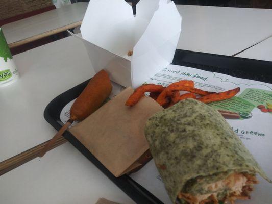 Salmon wrap and corn dog kids meal.