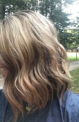 Balayage on light brown hair. Long inverted bob.