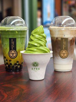 Left to right: matcha latte with Okinawa boba, matcha soft serve, hojicha latte with snow top