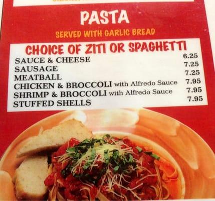 Pasta dinners menu