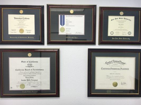 Brian's credentials from left to right:
 1. BA Economics - UC Berkeley
 2. Enrolled Agent
 3. Master's Taxation - SJSU
 4. CPA
 5. CFP