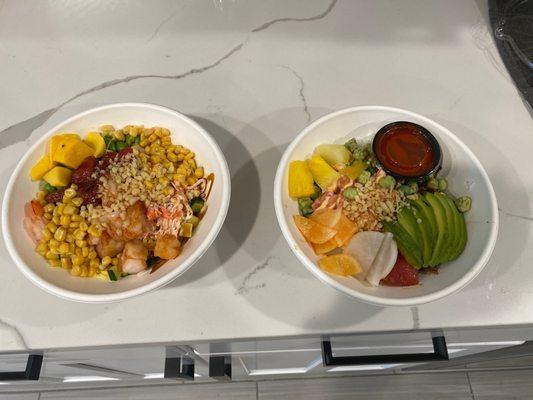 Tuna and shrimp bowl on left and tuna and spicy tuna with avocado on right. Soooo good!!