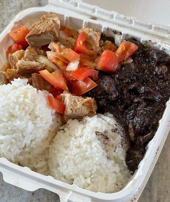 Two-choice plate with Lechon Kawali and Dinardaraan (Ilocano-style Dinuguan).