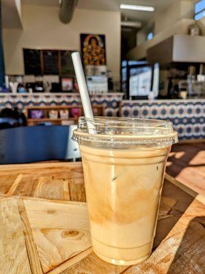 Iced English toffee oat latte