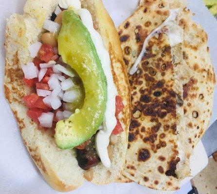 Quesadilla and Sonoran hot dog! Best combo