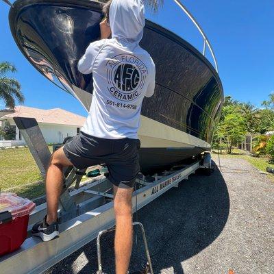 Ceramic coating on a center console boat in loxahatchee