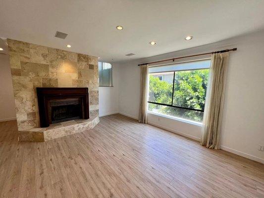 Tumbled Travertine on fireplace wall and hearth