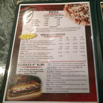 Pizza and subs menu