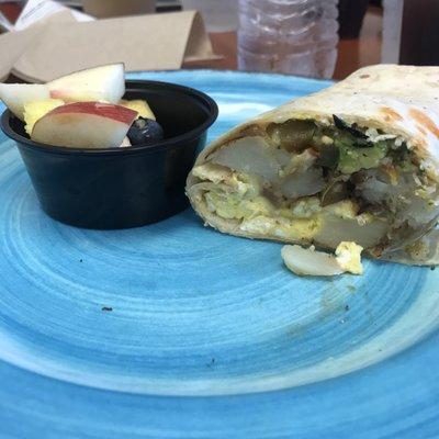 Breakfast wrap - egg, potato, cilantro jalapeño salsa, cheddar, avocado. Better than expected !