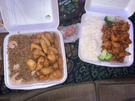 Left: sweet and sour chicken dinner combo (sauce not pictured)- upgraded to shrimp fried rice.  Right: general Tso's Chicken dinner combo