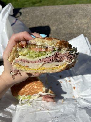 Turkey, pastrami, provolone with everything, just the bread toasted by itself. Absolutely delicious. Roof of my mouth is still recovering.