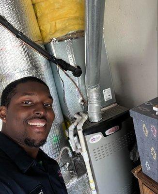 Our technician Armani enjoys helping our community by fixing and providing maintenance on furnaces! He is always ready to help!