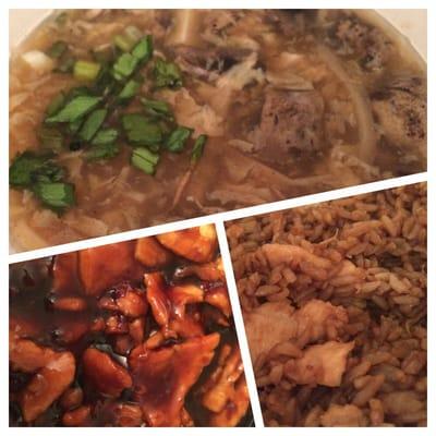 Hot and sour soup , garlic chicken and chicken fried rice