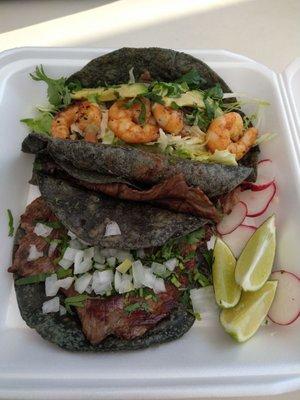 1 shrimp taco and 2 carne asada tacos.  Radish might have been plain which we liked, did not taste pickled.