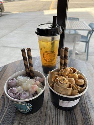 Taro ice cream (left)  Caramel ice cream (right) Passionfruit Green Tea +boba