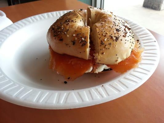 Everything bagel with cream cheese and lox.