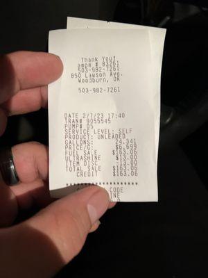 Actual receipt from this gas station $163.06