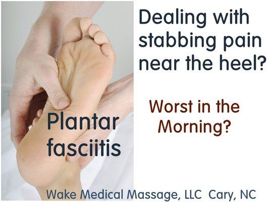 Are you dealing with foot arch pain and/or heel pain? Is the morning foot pain becoming a signature symptom? Contact Wake Medical Massage,