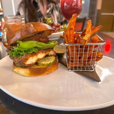 Hot honey chicken sandwich and sweet potato fries