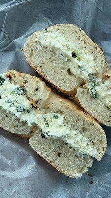 Garlic bagel with scallion cream cheese