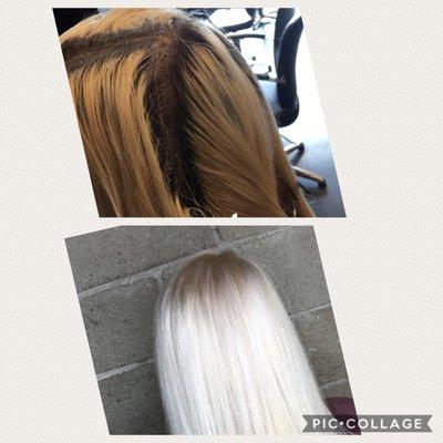 From dark roots and yellow blonde to a beautiful all over winter white hair