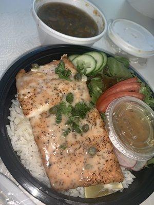 Roasted Salmon with white wine-lime sauce, white rice and house salad.