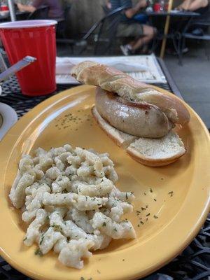 Bratwurst and spaetzle