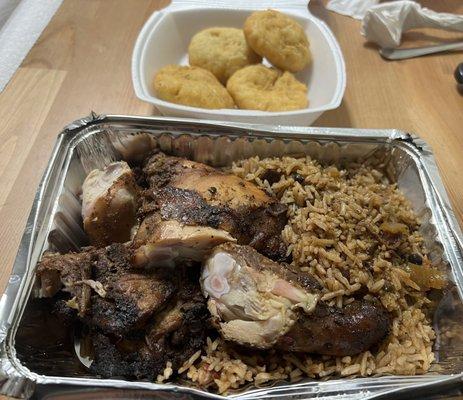 Jerk Chicken w/ rice & peas & Fried Dumplings