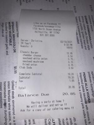 $20.85 for a burger and soda, and that is without tip!