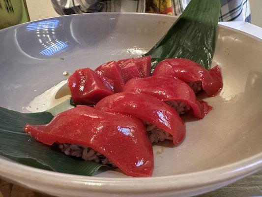 Vegan ahi tuna shashimi and nigiri