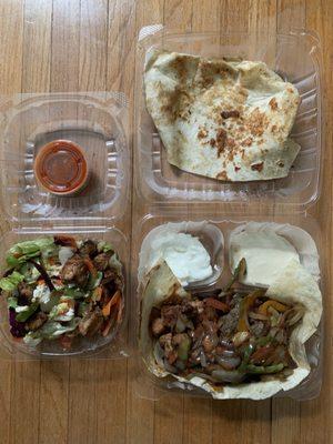 Mixed grill plate (chicken kebab, gyro, kofta, veg, bread, hummus and garlic sauce), kid kebab on veg.