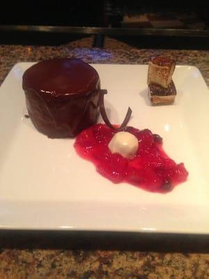 Soccer cake torte with pear and cranberry compote, house made toasted marshmallow