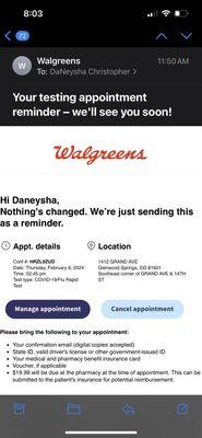 Reminder for a Non Existent Appointment from Glenwood Springs CO Walgreens.