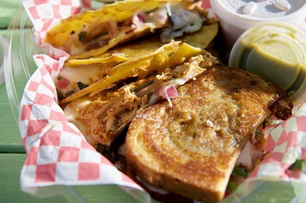 Chicken Quesabirria Tacos, Birria Grilled Cheese, and Sauces