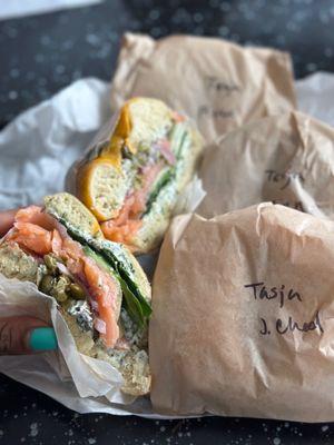 Lox Bagels on a Jalapeño Cheddar Bagel, Toasted, and Cut in Half. Bagels for later