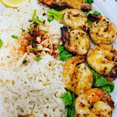 Shrimp Kabobs on a bed of rice