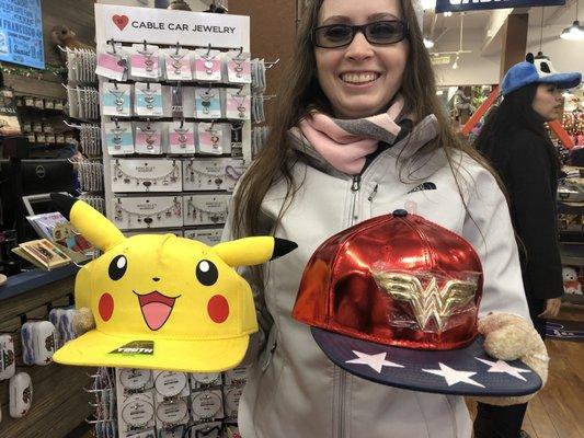 Hats we bought. Wonder Woman hat for fiancée and Pikachu for nephew