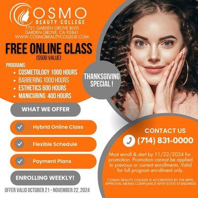 FREE Online Beauty Course if enroll & start by 11/22/2024.