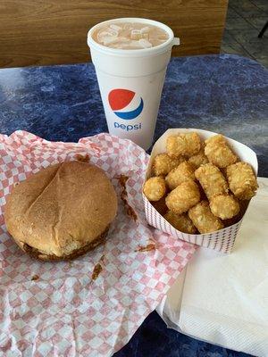 Large chili cheese burger and tots.