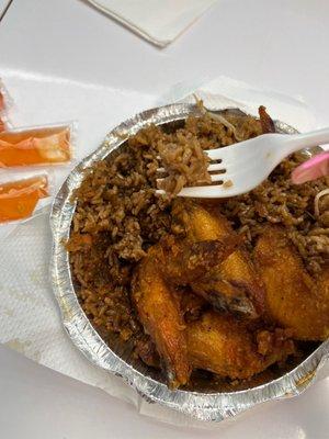 Pork fried rice (mushy like mash potatoes) and sticky chicken (dry and nasty)