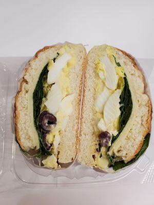 Egg Salad w/spinach, provolone, Olives, Banana peppers on a roll ~ 9.20.21